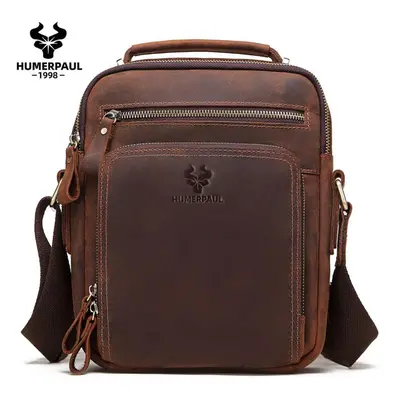 (coffee) Humerpaul Crazy Horse Leather Men&apos;s Shoulder Bag Vintage Messenger Bags Multifunct