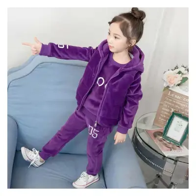 (purple, 160) Winter Girls Tracksuit Autumn Toddler Teenager Clothes Tiger Velvet Jacket + Hoodi