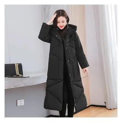 (black, M) Thickened Down Coat Women&apos;s Winter New Style Loose Cotton Coat Long Over Knee Co