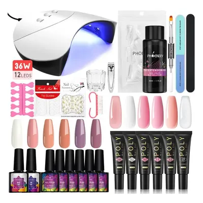 (set 8) Phoenixy Poly Nail Gel Extension Kit Colors Nail Builder Tips 36w Uv Led Nail Dryer Lamp