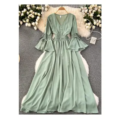 (light green, One Size) Spring Autumn New Fahison Candy Color Long Dress Women Elegant V-neck Fl