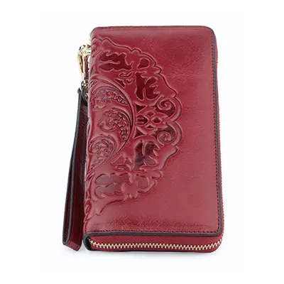 (red) Luxurious Women Wallet 100% Genuine Oil Waxing Leather Flower Large Capacity Long Ladies P