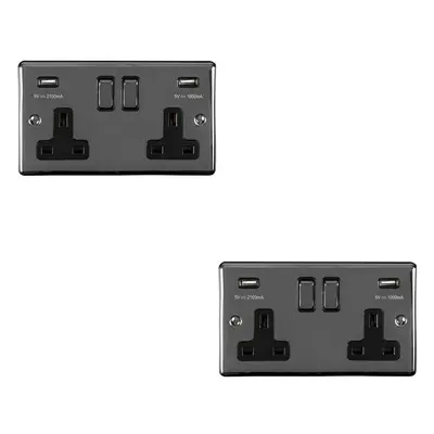 2 PACK Gang Single UK Plug Socket & 2.1A USB BLACK NICKEL & Black 13A Switched