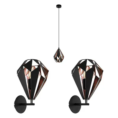 Ceiling Pendant Light & 2x Matching Wall Lights Black & Copper Geometric Shade