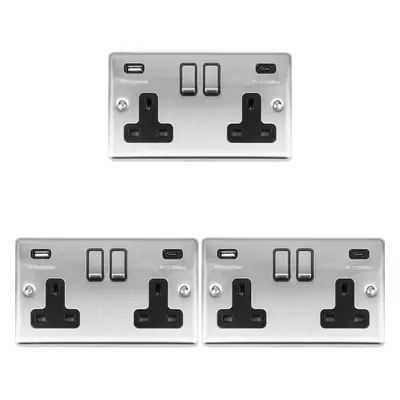 3 PACK Gang UK Plug Socket & 2x 3.1A USB-C & A SATIN STEEL & BLACK 13A Switch