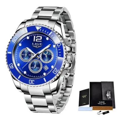 (Silver Blue) LIGE Mens Watches Top Brand Luxury Clock Casual Stainless Steel Hour Moon Phase Me