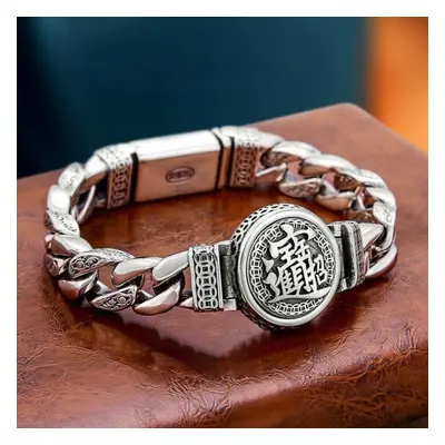 (as the picture, 20cm) Retro Silver Reative Passepartout Prayer Bracelet Men Transfer Six-charac