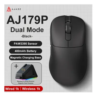 (AJ179P-Black) AJAZZ AJ179 PRO PAW3395 Lightweight Wired Wireless Mouse with Magnetic Charging B