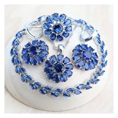 (blue, 10) Wedding Cubic Zircon Jewelry Set For Women Bridal Rings/bracelets/earrings/pendant Ne