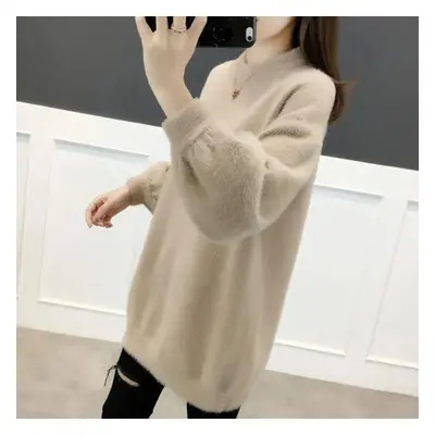 (tan, XXXXL) Big Size Tops Women Autumn And Winter Thickened Warm Loose Sweater Pullover Solid C