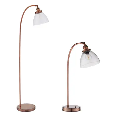 Standing Floor & Table Lamp Set Aged Copper Glass Shade Retro Industrial Light