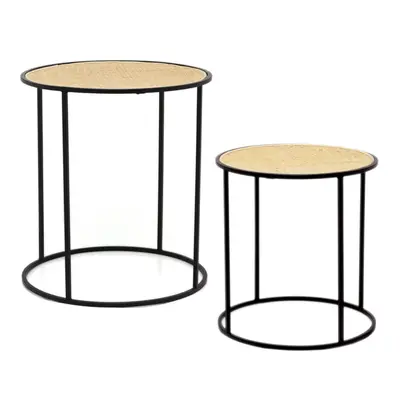 Set Of Round Wooden Woven Top Nesting Side Tables | Occasional Pedestal End Table Nest | Black M