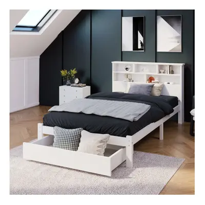 (3FT x cm) Bed with Shelves, White Wooden Storage Bed, Underbed Drawerï¼Frame Only ï¼