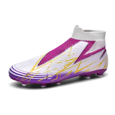 (purple, 40) Men Football Boots Long Spikes High Ankle Soccer Shoes Ag/tf Kids Outdoor Grass Cle