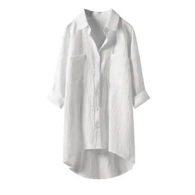 (WHITE, L) Casual Long Shirt Spring Summer Korean Fashion Pocket Splic Single Breasted Irregular