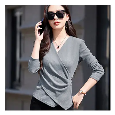 (Light Gray, S) #0439 Long Sleeve T Shirt Women V-neck Sexy Wrap Short T-shirt Female Folds Skin