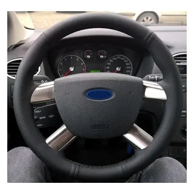 (Blue thread) Black Artificial Leather Hand-stitched Car Steering Wheel Cover for Ford