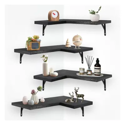 (Black) 4pcs Corner Floating Shelves Wall Mounted Rustic Floating Corner Shelf Wooden Shelves Wo