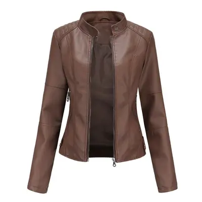 (coffee, XXL) Women&apos;s Slim Fit Spring Autumn Solid Color Long Sleeve Stand Collar Leather J