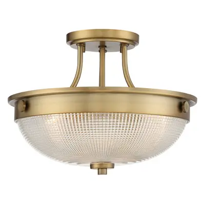 2 Bulb Semi Flush UpLight Prismatic Glass Dome Shade Weathered Brass LED E27 60W