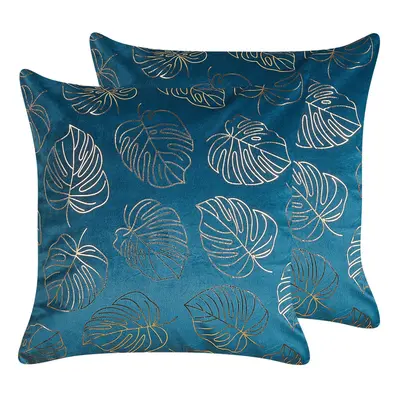 Set of Velvet Cushions Leaf Print x cm Blue MONSTERA