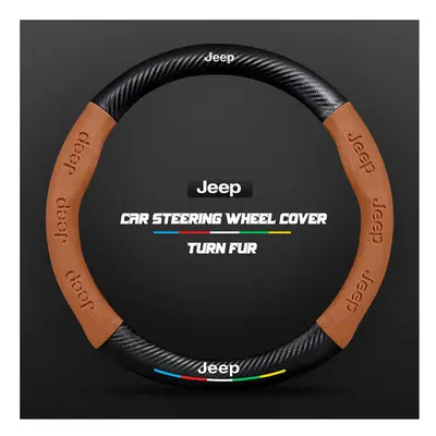 (O light brown) 38cm Carbon Fiber Car Steering Wheel Cover for Jeep Wrangler Grand Cherokee