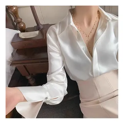 (WHITE, XXL) White Silk Satin Spring New Style Chic Long Sleeve Shirt Women's Professional Fashi