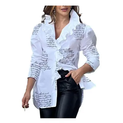 (Black White, L) Women Long Sleeve Shirt Puffed Sleeves Blouse Stylish Women's V-neck Spring Aut