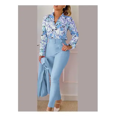 (SKY BLUE, XL) Women's Printed Long Sleeved Shirt Suit Spring Summer Slim High Waist Lace Up Ele