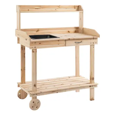 Outsunny Wood Potting Bench Work Table w/ Wheels & Drawer, 92x45x119cm