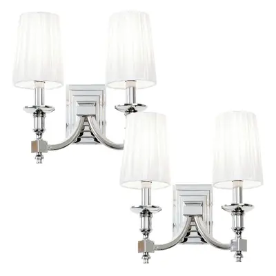 2 PACK Modern Twin Wall Light Nickel & White Pleated Shade Pretty Bedside Lamp