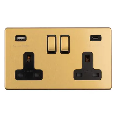 2 Gang Double 13A UK Plug Socket & 2x 3.1A USB-C & USB-A SCREWLESS SATIN BRASS