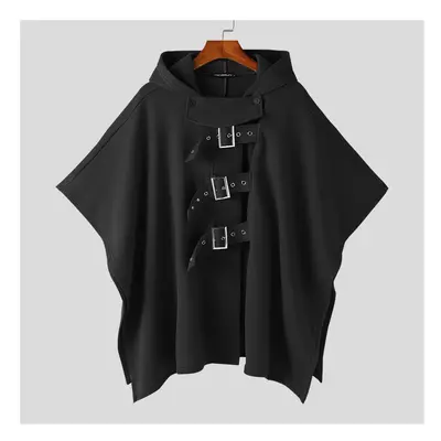 (Black, 5XL) Men Cloak Coats Solid Color Hooded Button Irregular Trench Ponchos Streetwear Loose