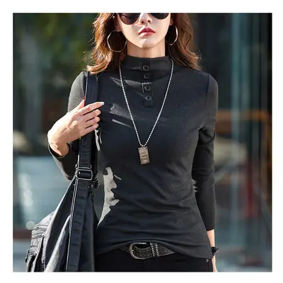 (black, XXL) #0327 Half High Collar T Shirt Women Solid Color Slim Elegant Long Sleeve T Shirt W