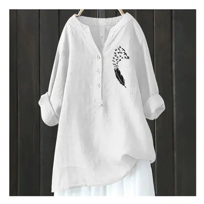 (HCY44, M) Women's Autumn Winter New Fashion Printed Button Up Shirt Long Sleeved Bamboo Linen C