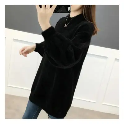 (black, XL) Big Size Tops Women Autumn And Winter Thickened Warm Loose Sweater Pullover Solid Co