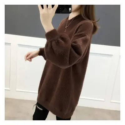 (brown, XXL) Big Size Tops Women Autumn And Winter Thickened Warm Loose Sweater Pullover Solid C