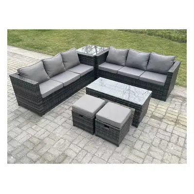 Fimous Outdoor Rattan Garden Furniture Lounge Sofa Set With Oblong Rectagular Coffee Table Side 