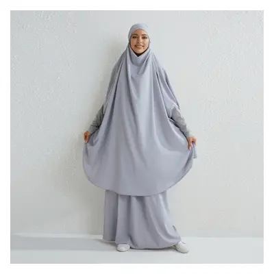 (gray, One Size) Muslim Sets Two Pieces Prayer Clothing Long Hooded Smocking Sleeve Shirts Hijab