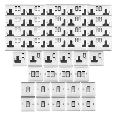 SATIN STEEL House Socket & Switch Set -14x Light & 26x Switched UK Power Sockets