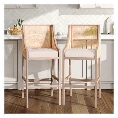 (Beige) Pcs Natural Rattan Bar Stools with Backrest