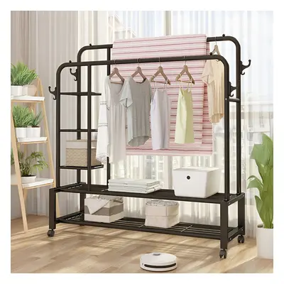 Double-Rod Clothes Rack with Shelves and Wheels