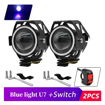 (2Pcs Blue light) Waterproof Motorcycle LED Headlight 3000LMW U7 Motorbike LED Driving Fog Spot 