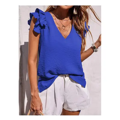 (blue, S) Summer Women's Elegant Casual V-neck Solid Office Ruffled Top Lotus Leaf Sleeves Shirt