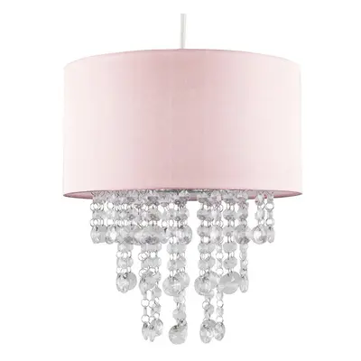 Modern Pink Cylinder Ceiling Pendant Light Shade with Clear Acrylic Jewel Effect Droplets - Comp