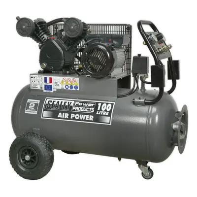 100 Litre Belt Drive Air Compressor - Front Control Panel - 3hp Electric Motor