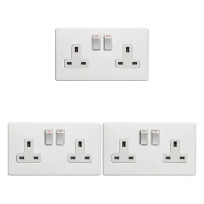 3 PACK Gang Double DP 13A Switched UK Plug Socket SCREWLESS MATT WHITE Power