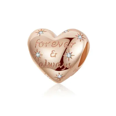 Forever & Always Charm Bead Rose Gold Love Heart With Cubic Zirconia Genuine Sterling Silver Com