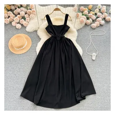 (black, XL) Chic Sexy Square Neck High Waist Slip Dress Fairy Casual A-line Dress Summer Beach V