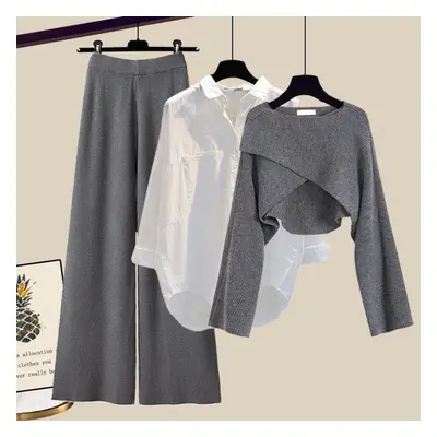 (grey, M) Autumn And Winter Women&apos;s Knitted Sweater Three Piece Pants Loose Blouse Shirt Sw